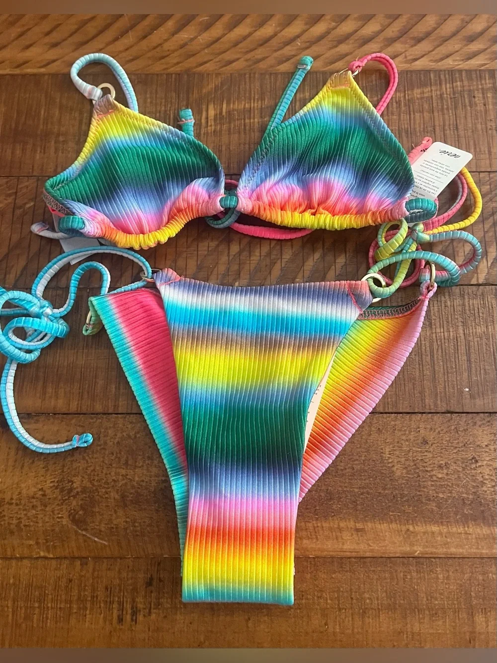 NWT Aerie FULL SET Shine Rib String Triangle Top + Cheekiest Tie Bottom Rainbow